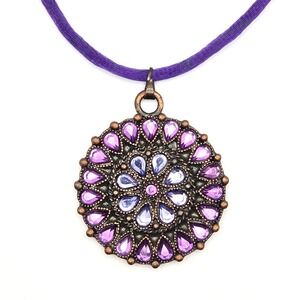 Robert Rose Mandala Pendant Necklace Purple Rhinestones Bronze Tone